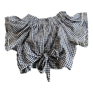 Olivaceous Linen off the Shoulder Gingham Knot Front cropTop L western cowgirl